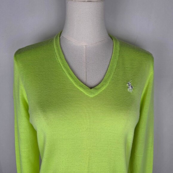 Polo Golf Ralph Lauren Womens Sweater Small Lime Green V-Neck Merino Wool Preppy - Picture 2 of 10